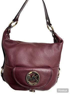 Vintage Michael Kors Wine Leather Shoulder Bag with Gold MK Medallion